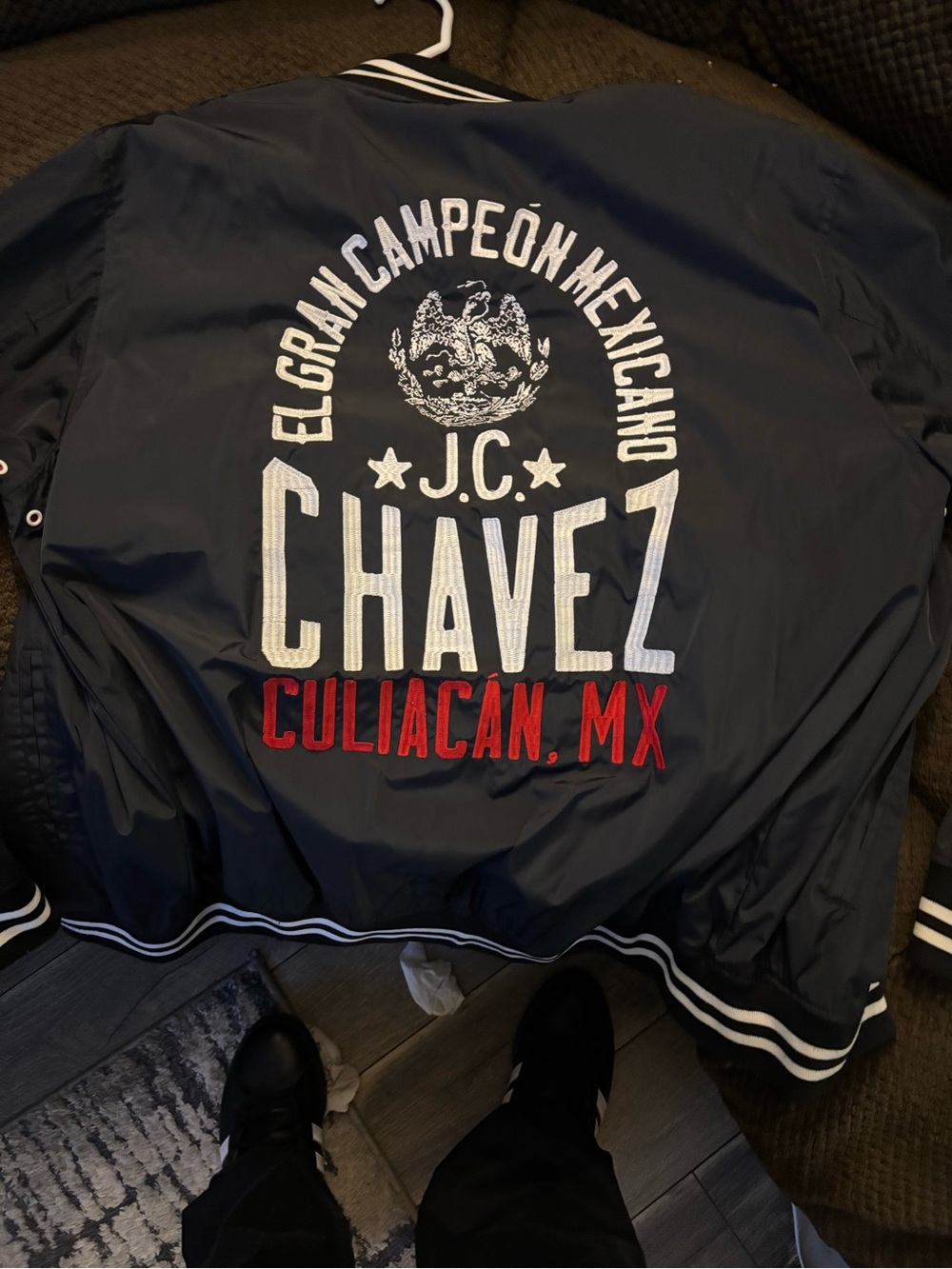 JC Chavez Navy Bomber Jacket with Red Lettering